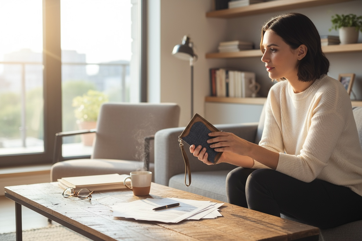 Woman sitting on a couch holding a wallet in a living room.