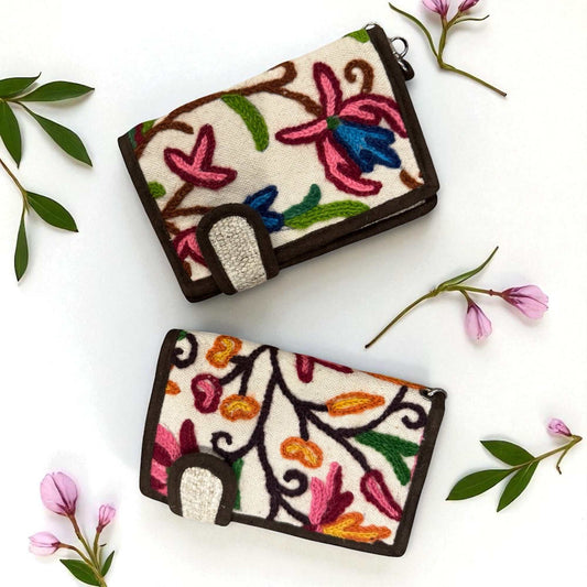 Handmade hemp bi-fold wallet with colorful floral embroidery on eco-friendly cotton fabric by Asatre