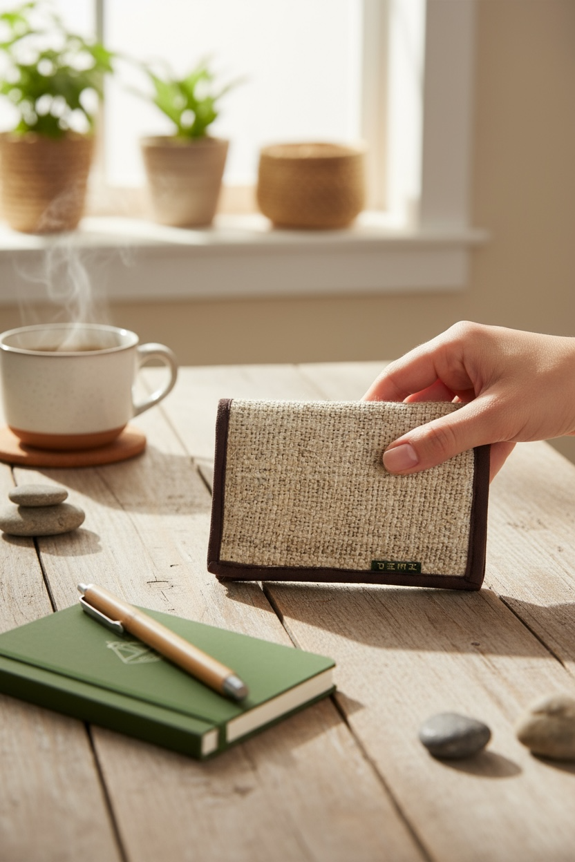 Hand holding a small textured wallet on a wooden table with a notebook, pen, and cup of coffee in the background.