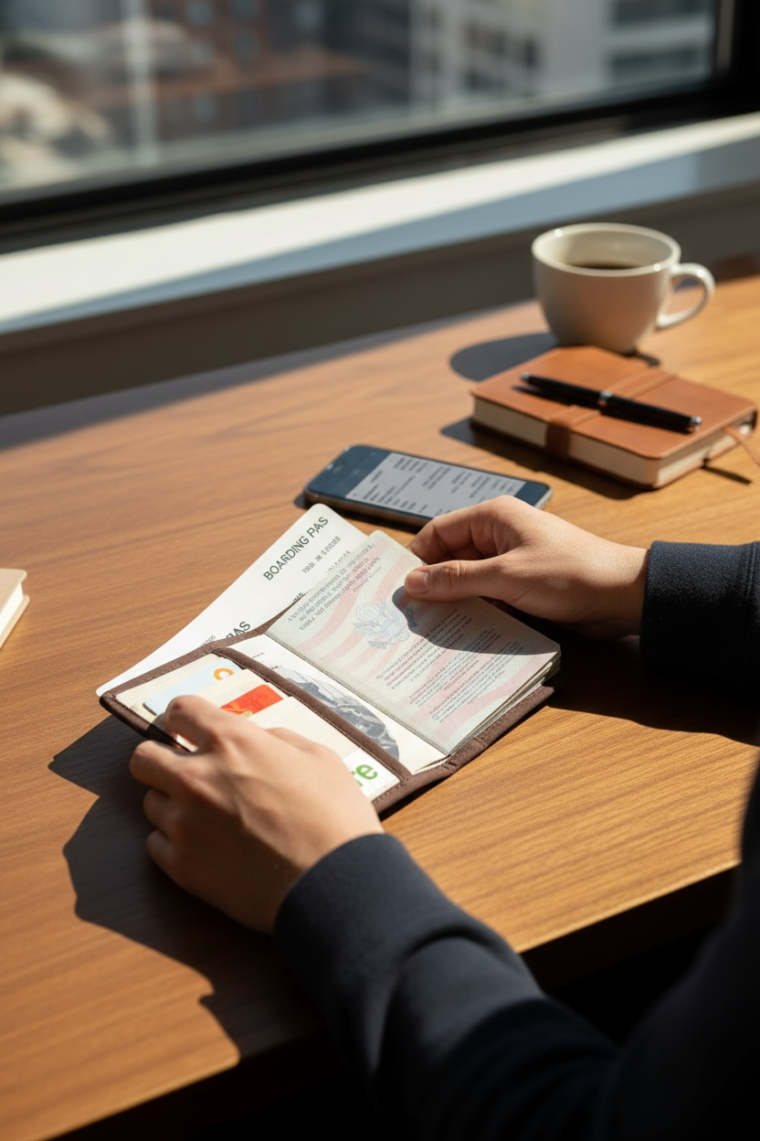 Person using a smartphone with a passport on a wooden table by a window