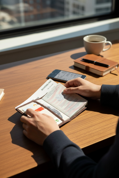 Person using a smartphone with a passport on a wooden table by a window