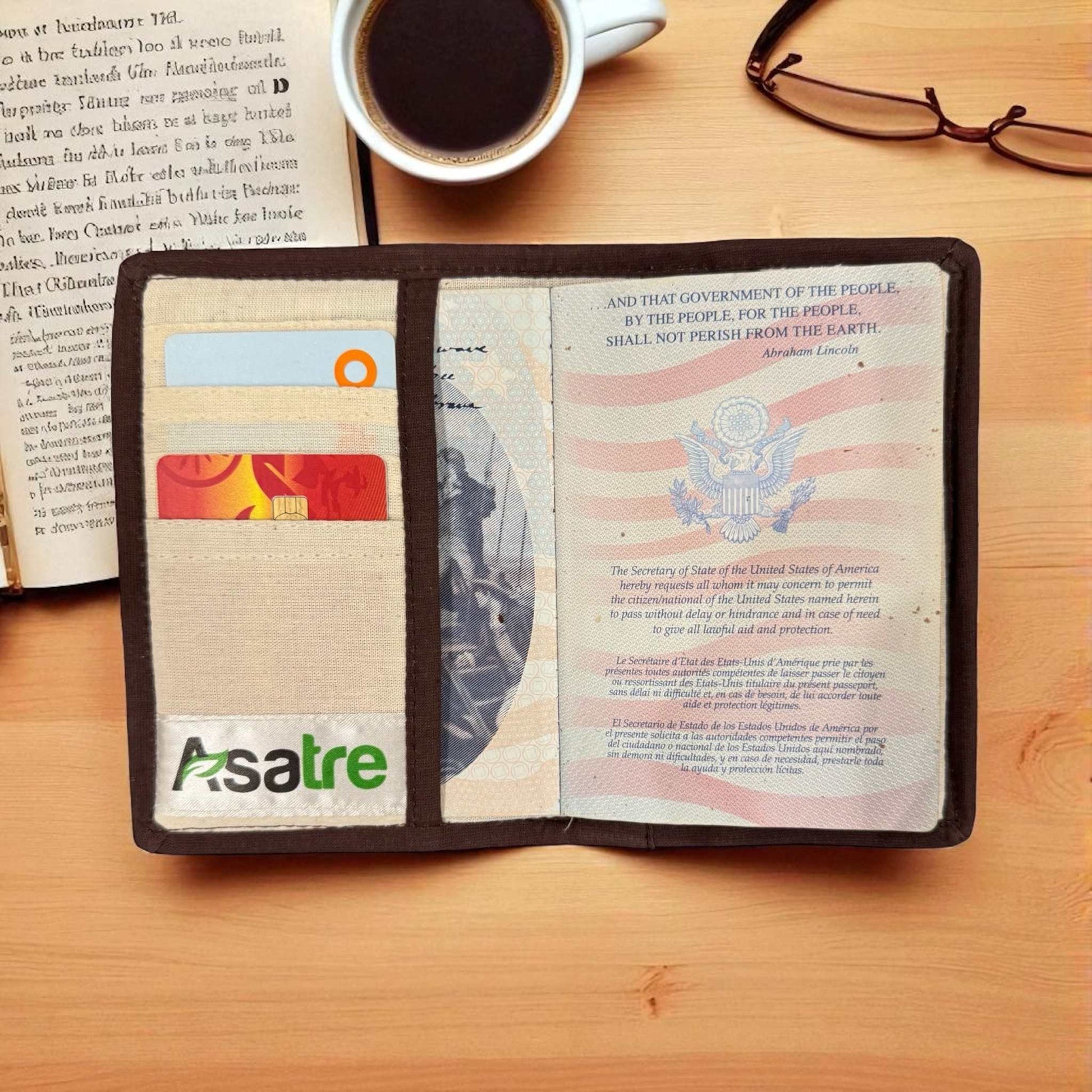 Eco-friendly hemp passport cover with multiple card slots, durable hemp canvas, and organic cotton lining for sustainable travel organization.