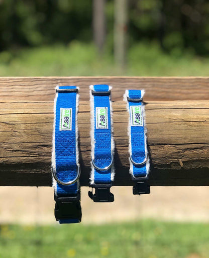 Blue adjustable hemp collar with soft fleece lining for pets and farm animals