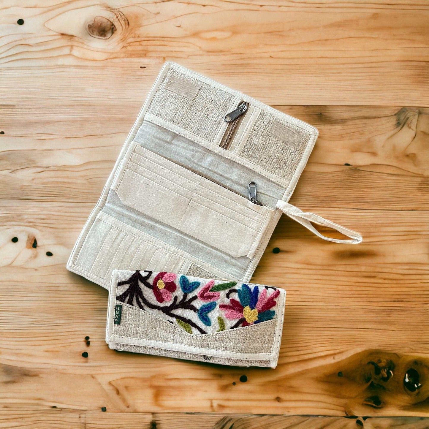 Women’s Embroidered Hemp Wallet – Handmade Lime, Aqua & Cream