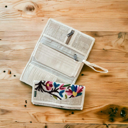 Women’s Embroidered Hemp Wallet – Handmade Lime, Aqua & Cream