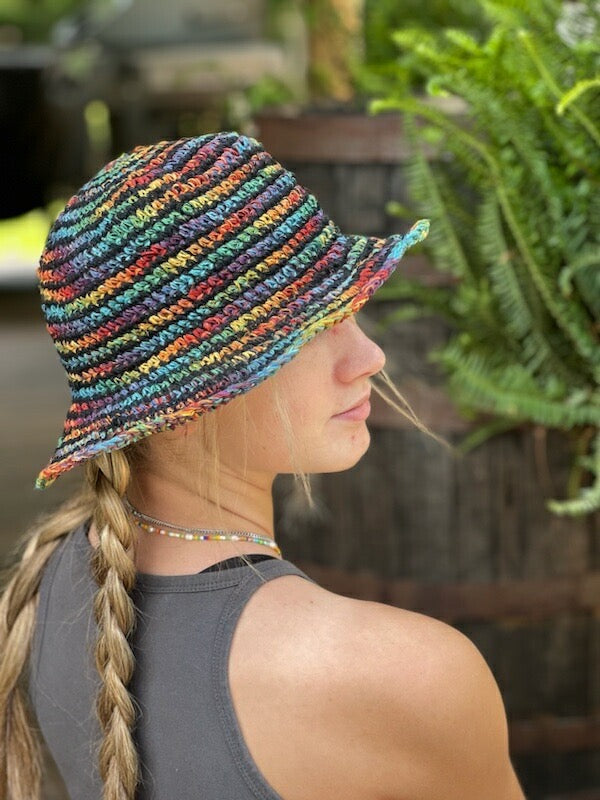 Hemp Crochet Sun Hat - Multi Stripe Dark or Light