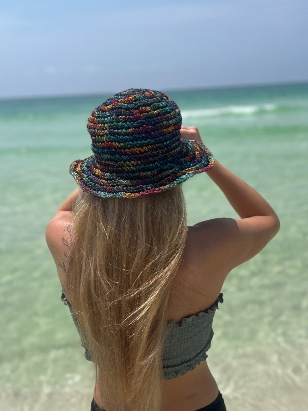 Hemp Crochet Sun Hat - Multi Stripe Dark or Light