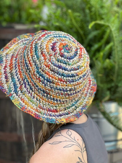 Hemp Crochet Sun Hat - Multi Stripe Dark or Light