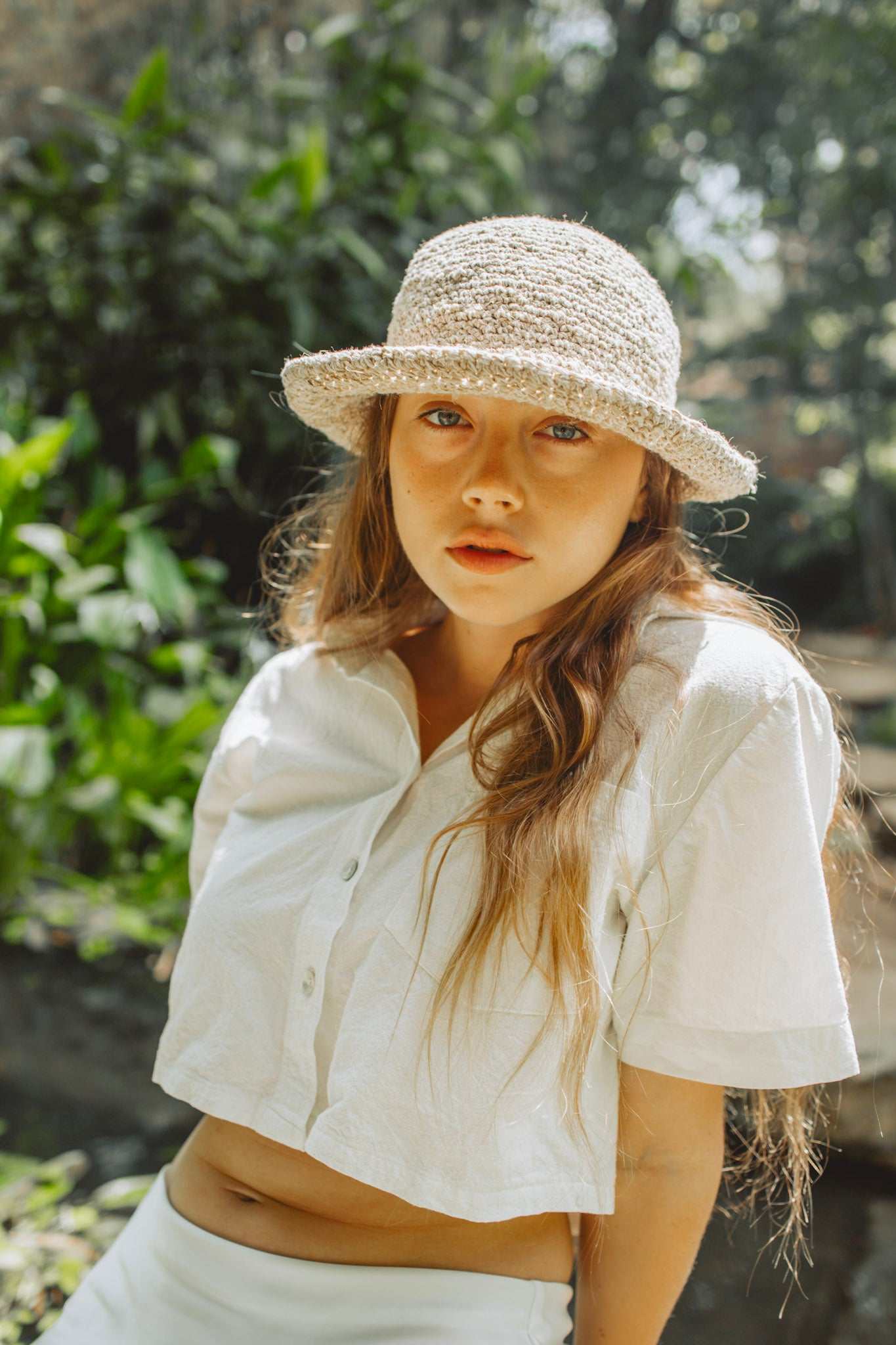 Handmade hemp crochet sun hat with adjustable wire brim, eco-friendly beach accessory
