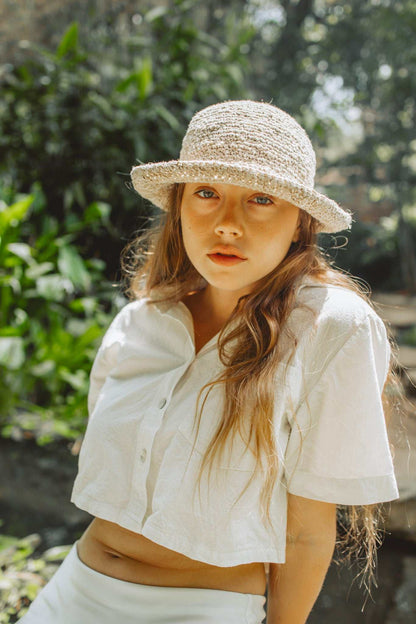 Handmade hemp crochet sun hat with adjustable wire brim, eco-friendly beach accessory
