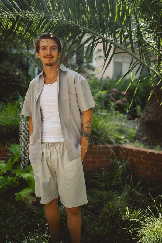 Men's hemp linen shorts made from breathable organic cotton blend with elastic waistband and pockets
