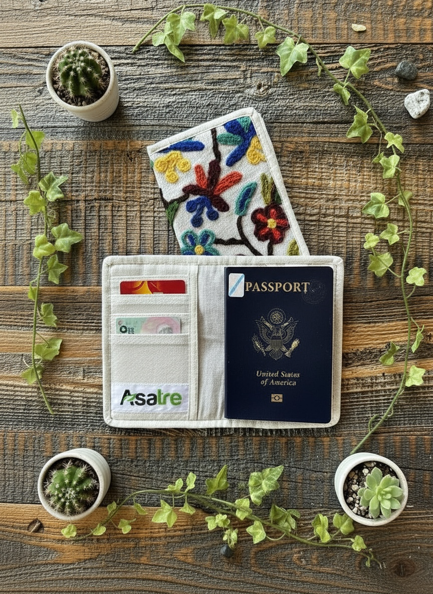 Hemp Floral Embroidered Passport Cover – Sustainable Handmade Travel Wallet by Asatre