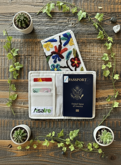 Hemp Floral Embroidered Passport Cover – Sustainable Handmade Travel Wallet by Asatre