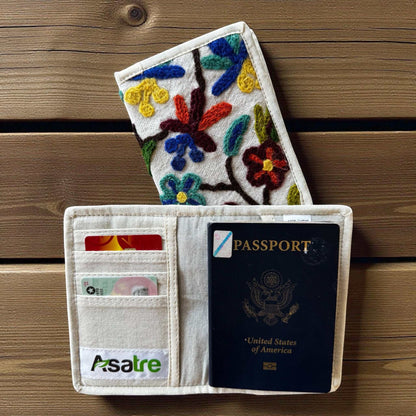 Hemp floral embroidered passport cover handmade in Nepal by Asatre with colorful floral design and eco-friendly sustainable materials