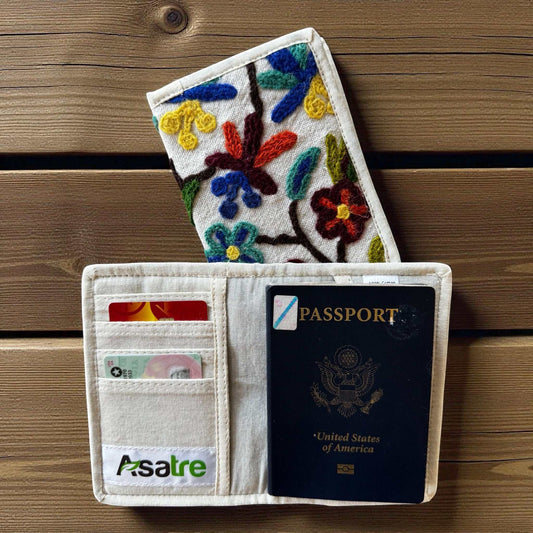 Hemp floral embroidered passport cover handmade in Nepal by Asatre with colorful floral design and eco-friendly sustainable materials