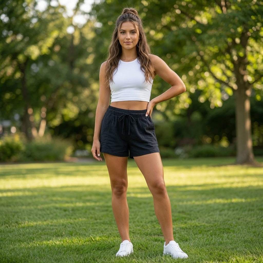 Black women's lounge shorts with drawstring waist and deep pockets made from sustainable hemp and organic cotton blend