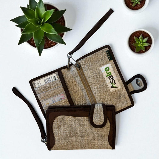 Women’s hemp small bi-fold wallet handmade with eco-friendly natural fibers, featuring multiple compartments and a slim design