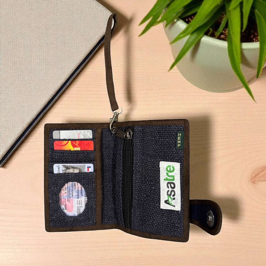 Open wallet with cards on a wooden surface next to a plant