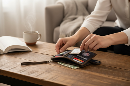 Person organizing wallet on a wooden table with a book and cup in the background