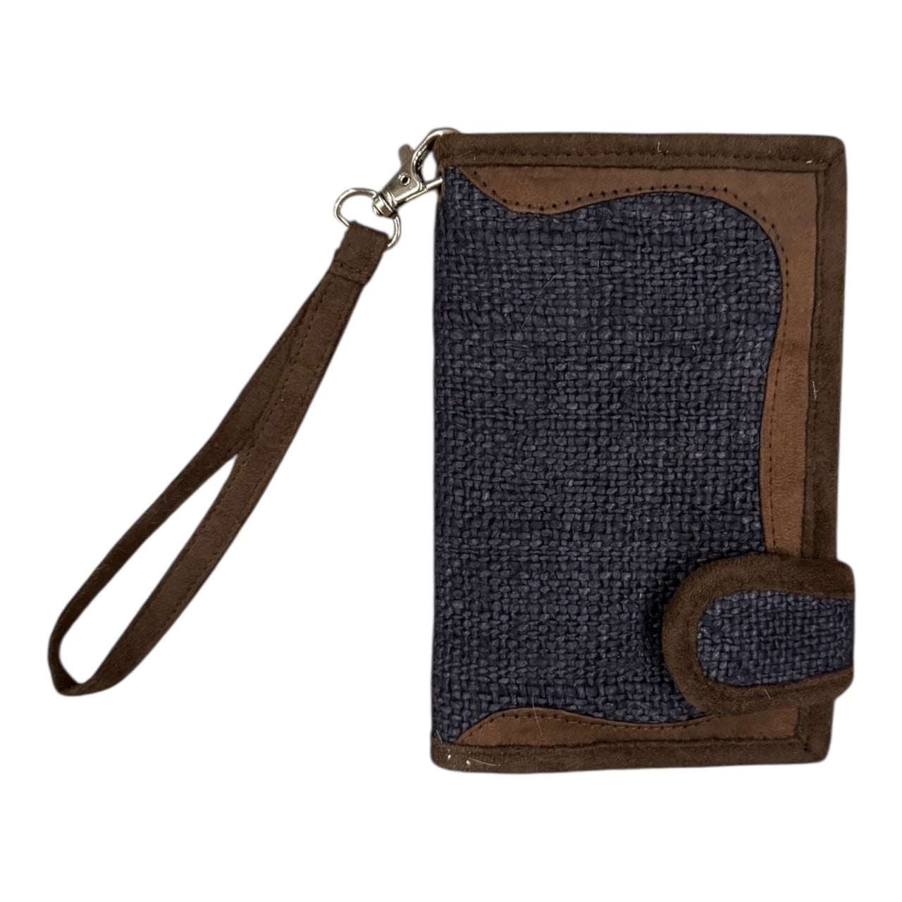 Blue textured wallet with brown accents on a white background