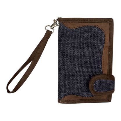 Blue textured wallet with brown accents on a white background