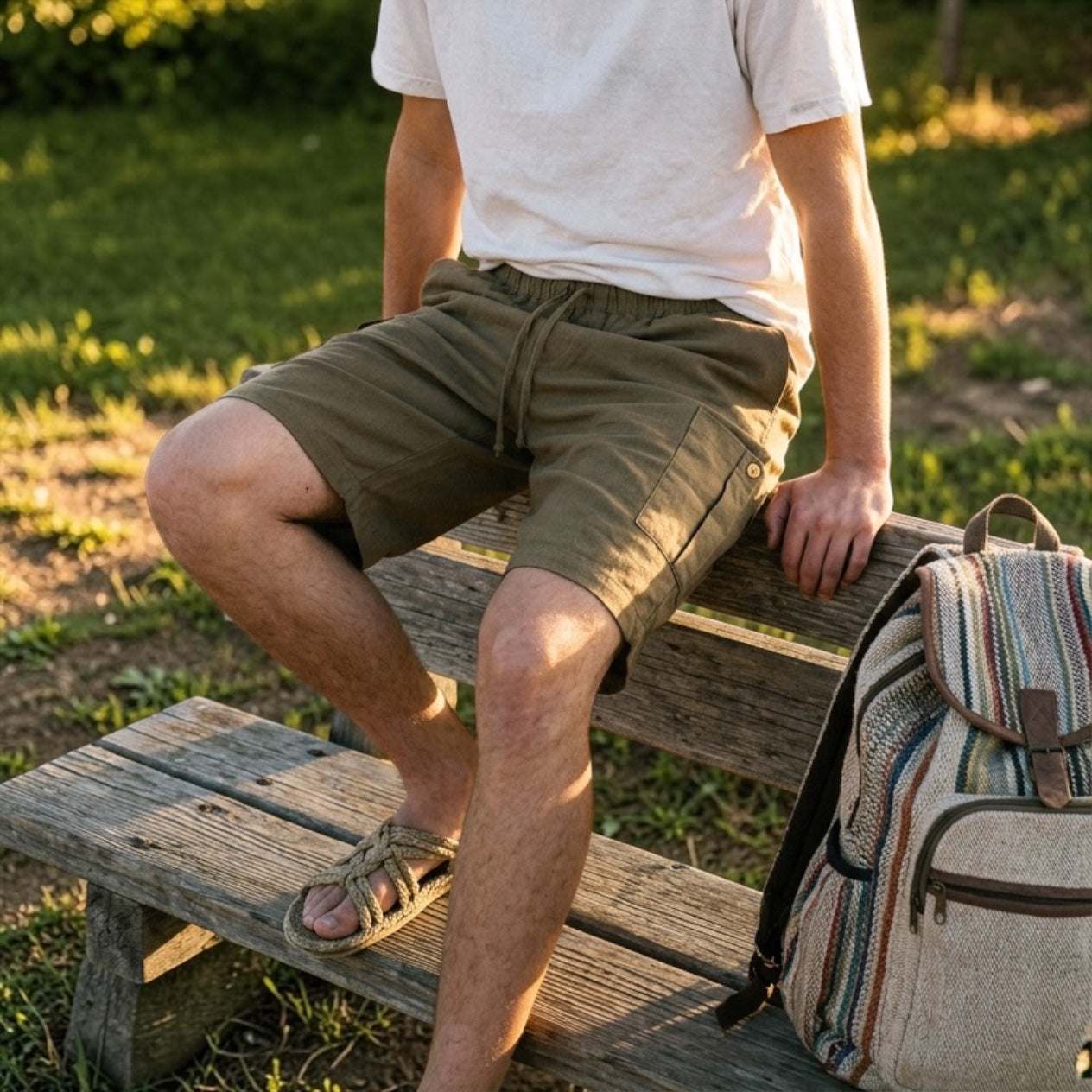 Breathable sustainable hemp cargo shorts in organic cotton linen blend with cargo pockets and elastic waistband for eco-friendly comfort