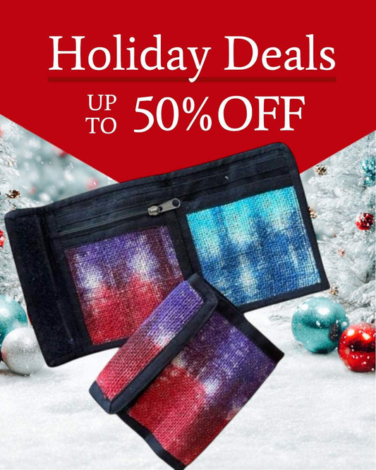 Eco-friendly hemp bi-fold wallet with vibrant tie dye design in red and purple colors, handmade and durable.