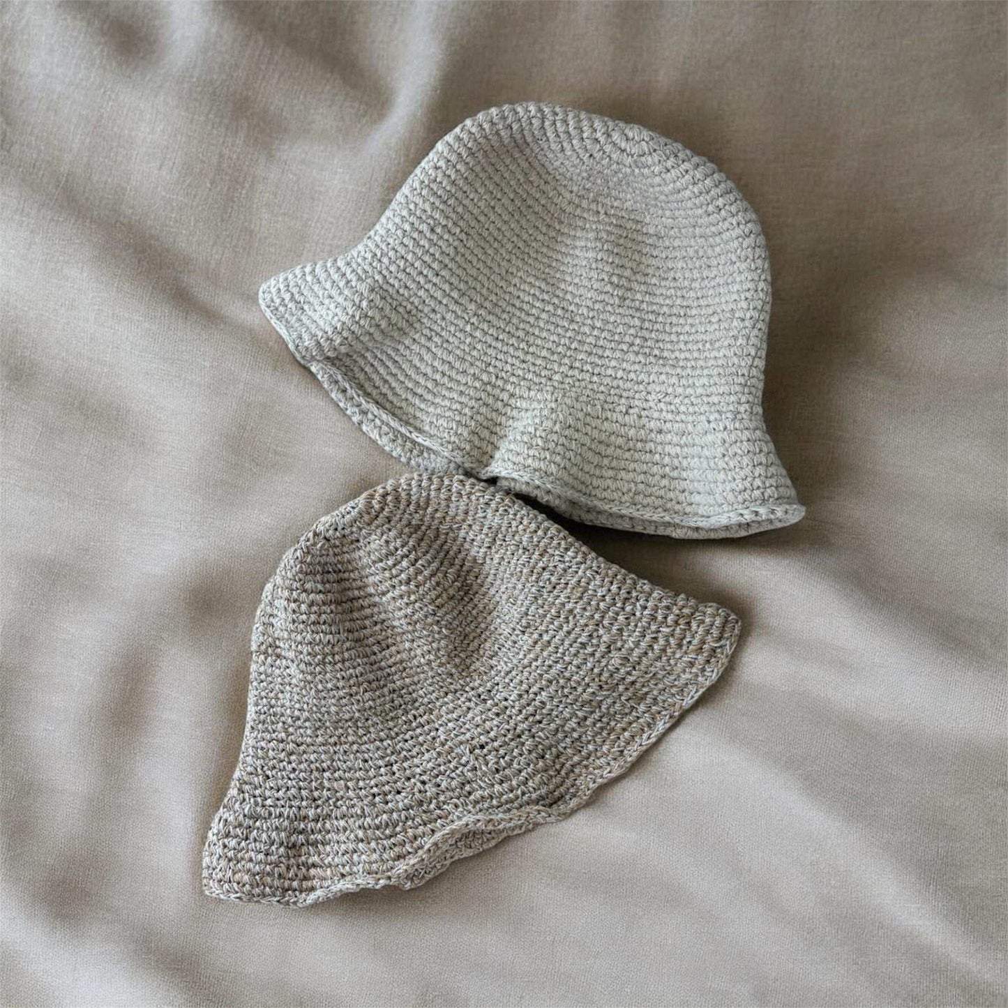 Handmade foldable hemp beach hat with wide brim, natural beige crochet for sustainable summer sun protection