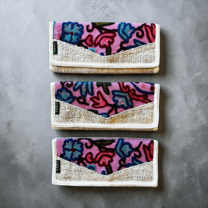 Handmade hemp wallet with embroidered floral design, tri-fold, sustainable vegan material