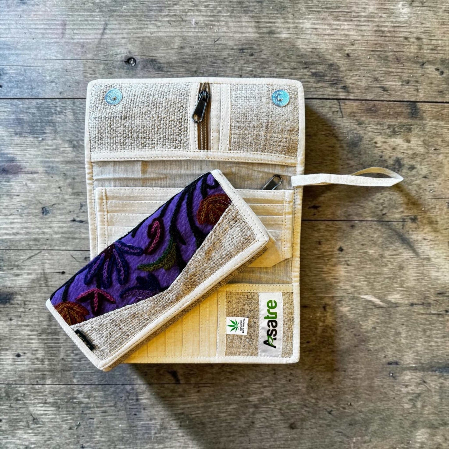 Vegan Wallet Sustainable Hemp Material Embroidered Floral Design Handmade Trifold Construction Ethical Fashion Choice Bohemian Style Accessory Everyday Organization Solution Practical Card Storage Colorful Artistic Pattern Eco Friendly