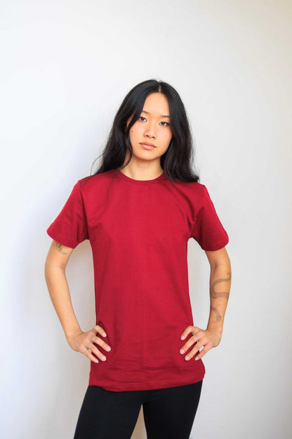 Hemp t-shirt made from breathable sustainable hemp and organic cotton blend, handcrafted in Nepal, available in brown, white, and red.
