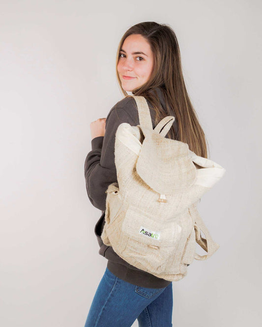 Woman wearing eco-friendly Hemp Rucksack Backpack made of Himalayan hemp and organic cotton
