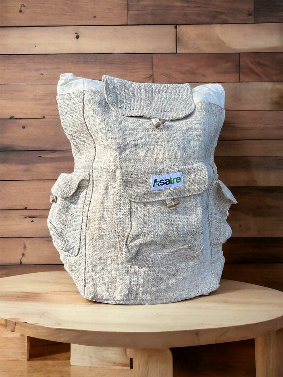 Hemp Bag with Wooden Button Backpack Hemp Material Construction Spacious Storage Design Natural Fiber Rucksack Himalayan Crafted Bag Sustainable Daily Carrier Eco Conscious Accessory Adjustable Carrying Straps Metal Free Design Organic Cotton Lining