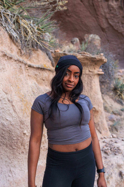Cotton Crop Top in slate blue, fitted stretch fabric with short sleeves and a scoop neckline, worn as a cropped style