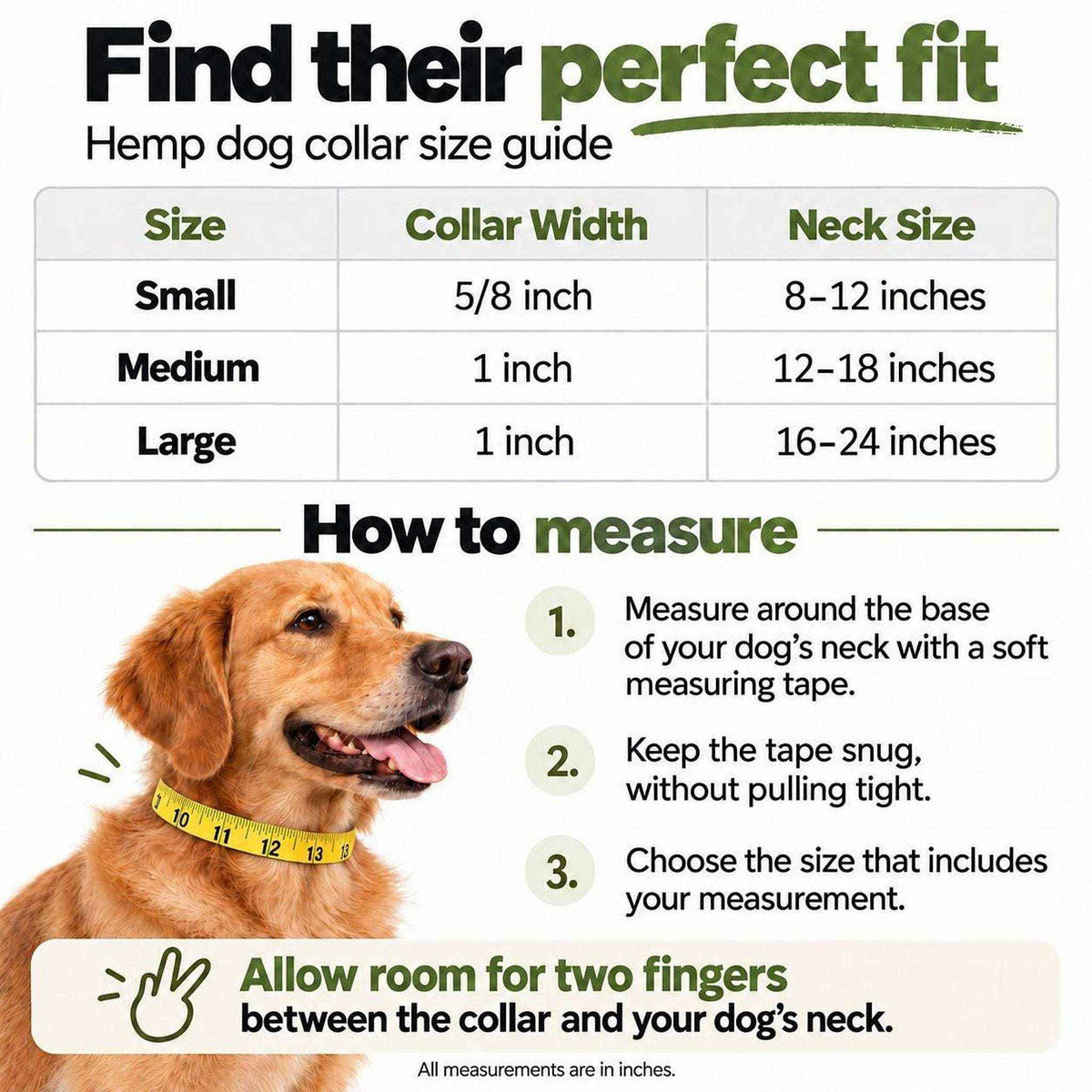 Hemp Dog Collar sizing guide showing small, medium and large neck measurements and a dog wearing a tape measure