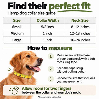 Hemp Dog Collar sizing guide showing small, medium and large neck measurements and a dog wearing a tape measure