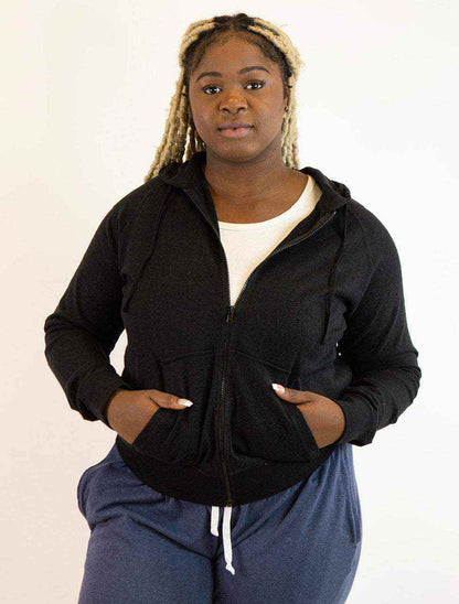 Hemp hoodie in black with a full-zip front, drawstring hood, long sleeves, and front pockets.