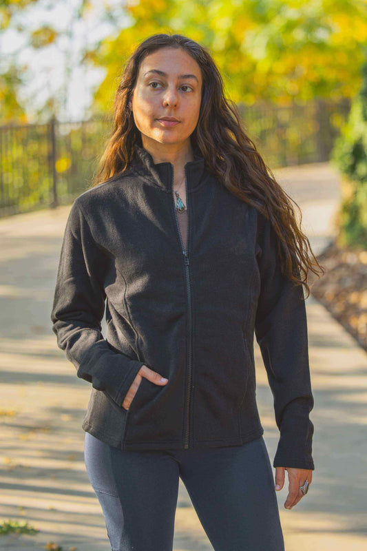 Hemp Jacket in black fleece with a full zip front, high stand collar, long sleeves and front pockets