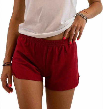 Hemp running shorts in deep red jersey with an elastic waistband, relaxed fit, and curved hems