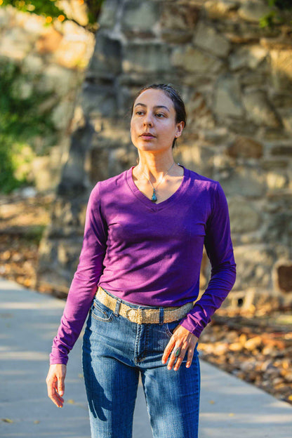 Hemp Shirt in purple with a fitted long sleeve design, V-neckline, and smooth stretch fabric