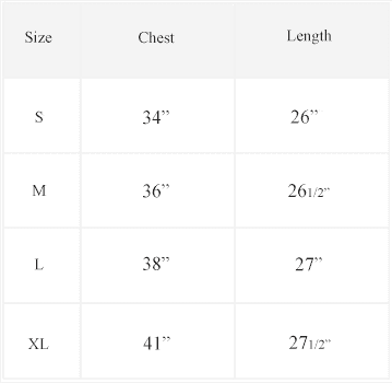 Hemp Shirt sizing chart listing women's small to extra-large measurements for chest and length