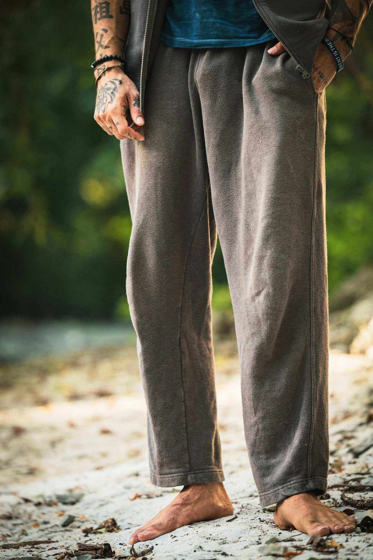 Hemp Sweatpants in charcoal gray fleece with a soft, slightly mottled texture and relaxed straight legs