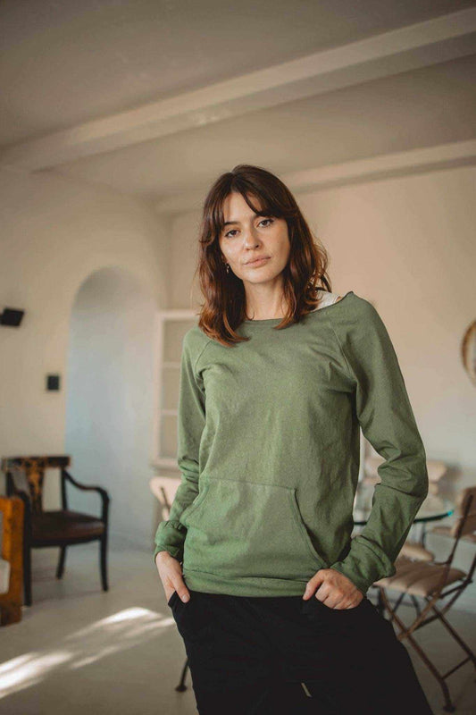 Hemp Sweatshirt Women in muted olive green with long sleeves, a round neckline and a front kangaroo pocket