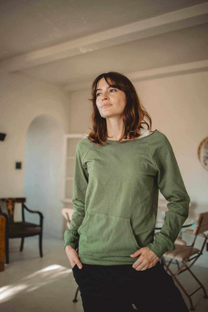 Hemp Sweatshirt Women in muted olive green, with long raglan sleeves, a round neckline, and front kangaroo pocket