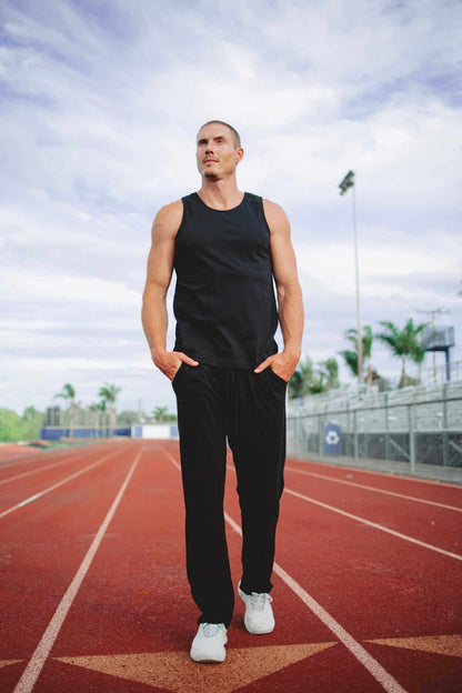 Hemp Tank Top in plain black hemp-cotton jersey, featuring a sleeveless muscle cut and classic crew neckline