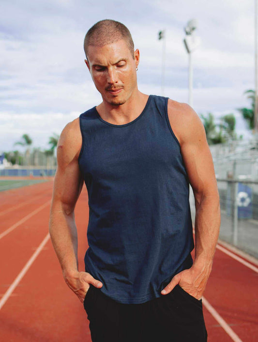 Hemp Tank Top in solid navy blue with a sleeveless muscle cut and lightweight jersey fabric