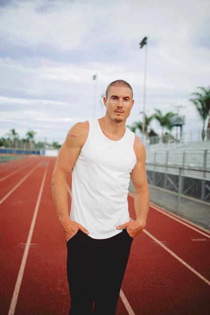 Hemp Tank Top in plain white jersey with a classic sleeveless muscle cut and rounded neckline