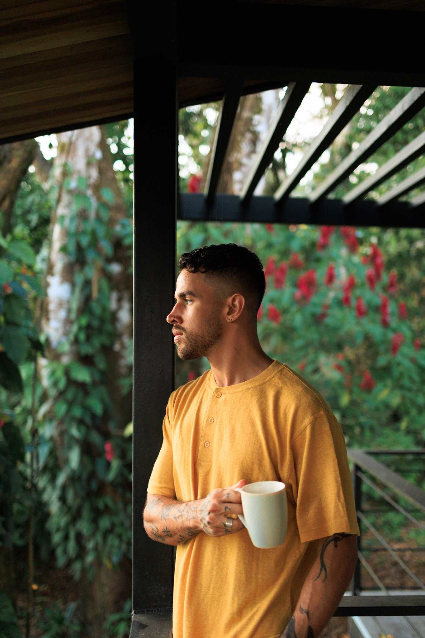 Mustard yellow hemp t-shirt with 3-button henley neckline in breathable organic cotton blend