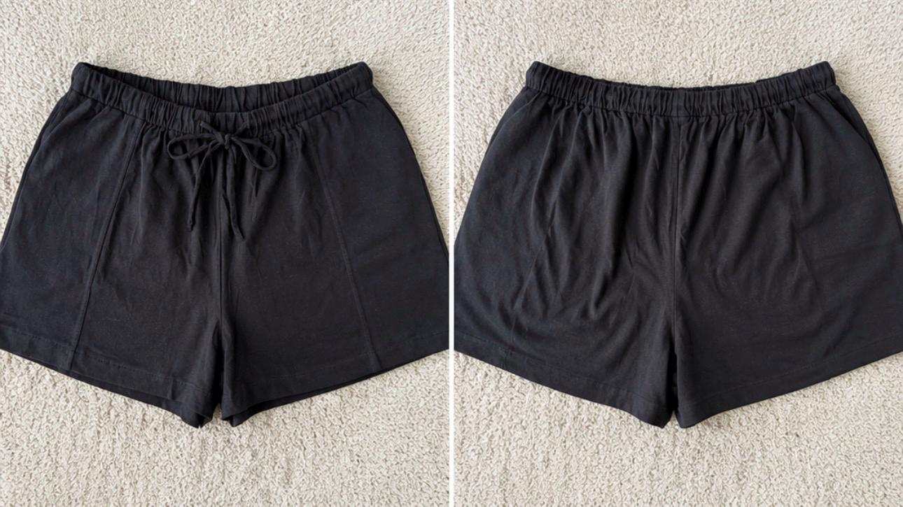 Black women's lounge shorts made from hemp and organic cotton with drawstring waist and deep pockets
