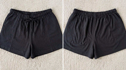 Black women's lounge shorts made from hemp and organic cotton with drawstring waist and deep pockets